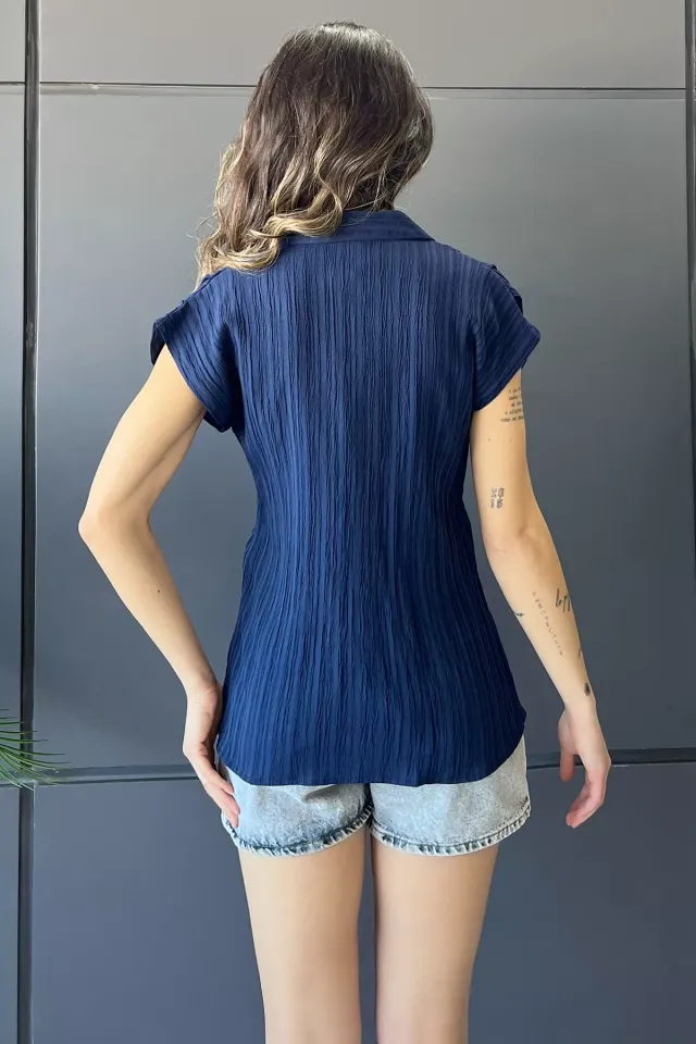 Çift Cepli Omuz Pileli Japone Kol Kadın Gömlek Lacivert