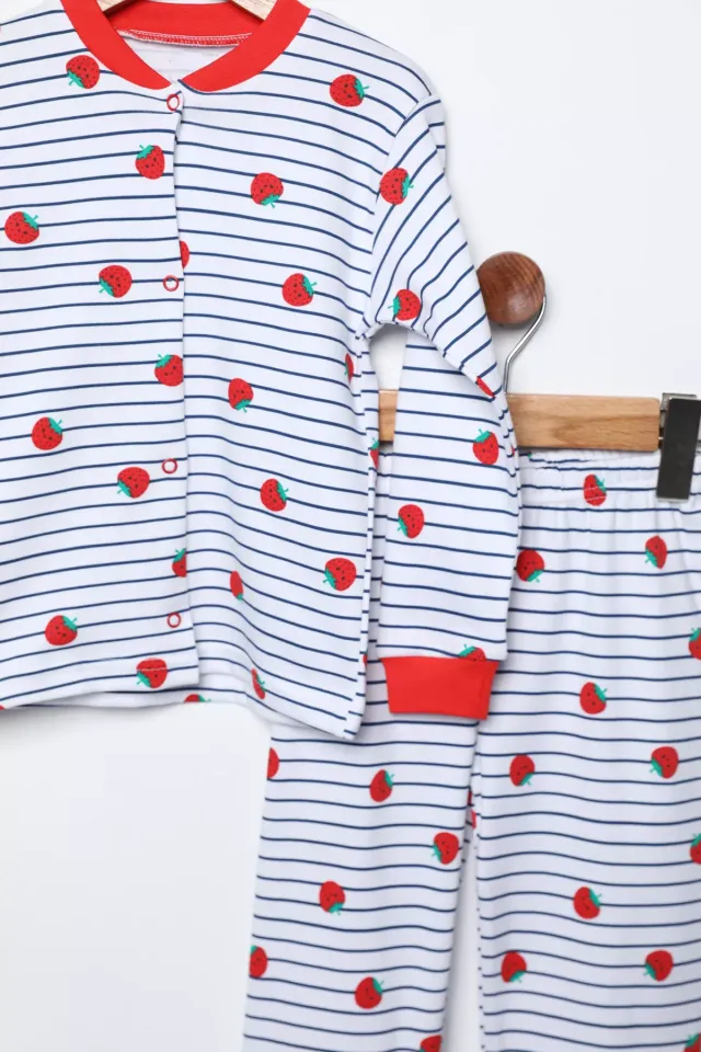 Çilek Temalı Çıtçıt Detaylı Kız Çocuk Pijama Takımı Beyaz