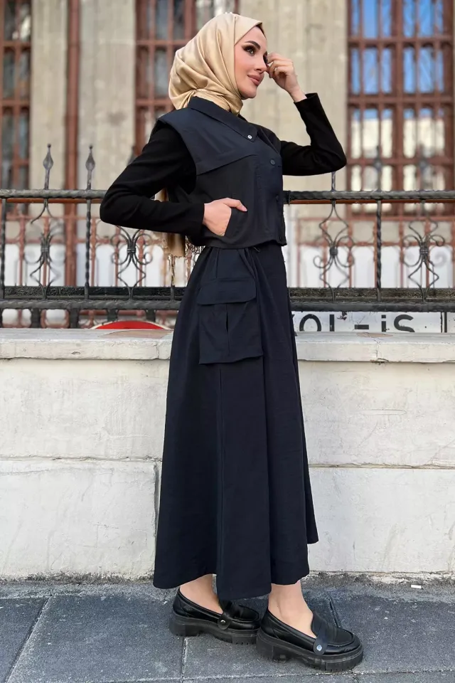 Çıtçıtlı Kargo Cepli Paraşüt Kumaş Elbise Yelek Tesettür İkili Takım Siyah