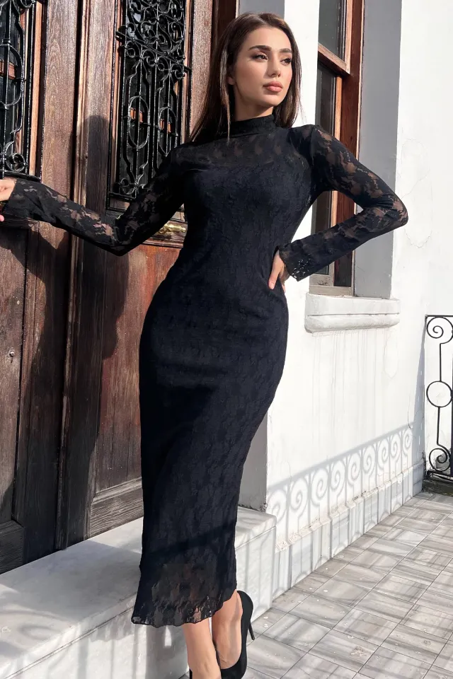 Dantel Uzun Kadın Elbise Siyah