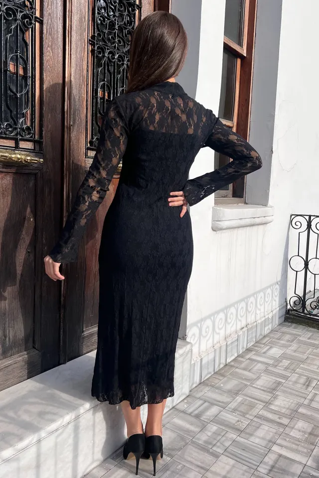 Dantel Uzun Kadın Elbise Siyah