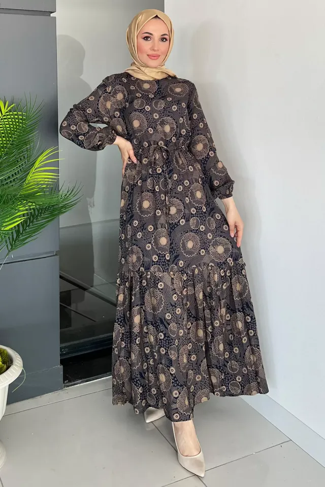 Desenli Bel Bağcıklı Viskon Tesettür Elbise Lacivert