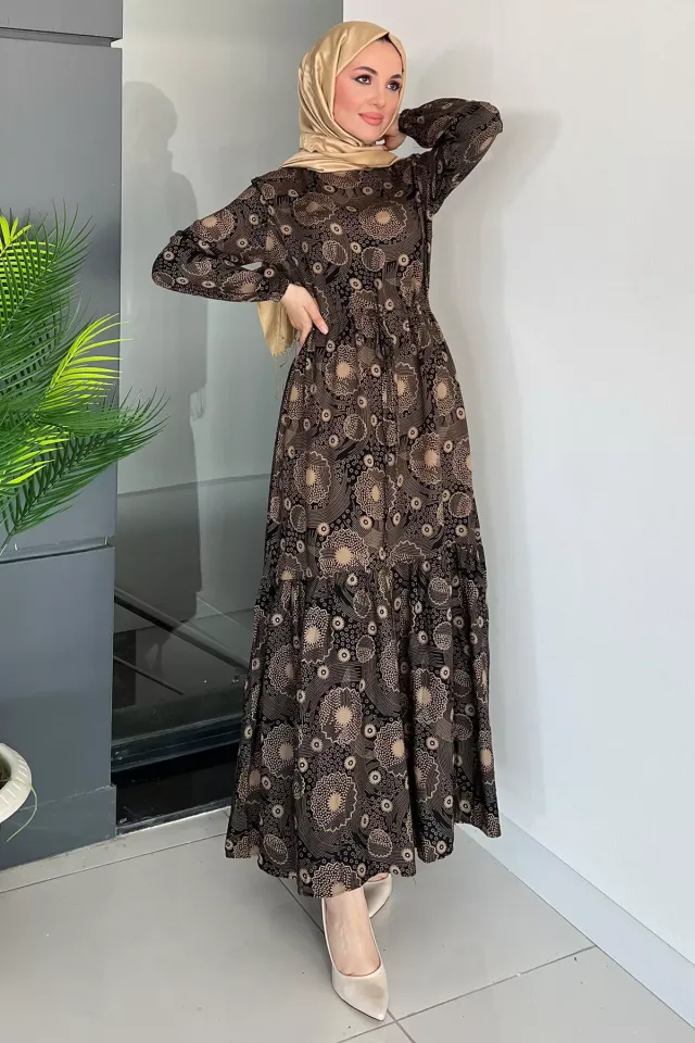 Desenli Bel Bağcıklı Viskon Tesettür Elbise Vizon