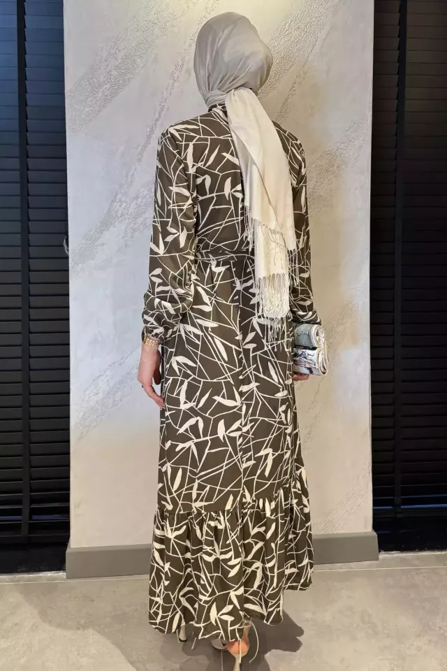 Desenli Bel Bağlamalı Tesettür Viskon Elbise Kahvekrem