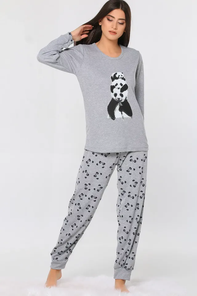 Panda Baskılı Desenli Kadın Pijama Takımı Gri