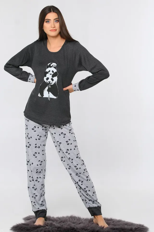 Panda Baskılı Desenli Kadın Pijama Takımı K.antrasit