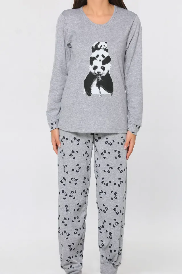 Panda Baskılı Desenli Kadın Pijama Takımı Gri
