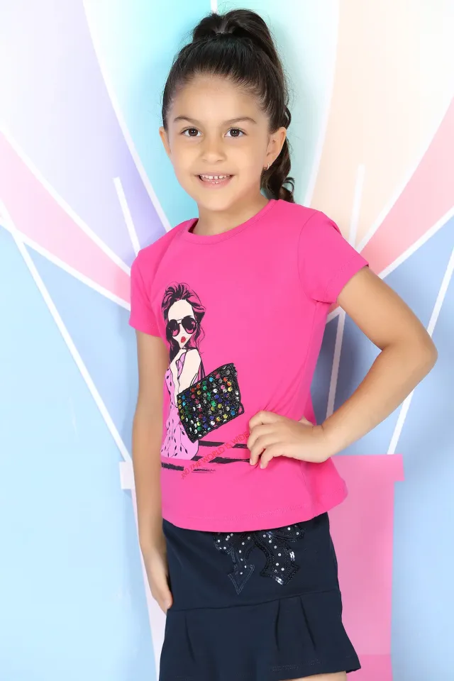 Desenli Kız Çocuk T-shirt Fuşya