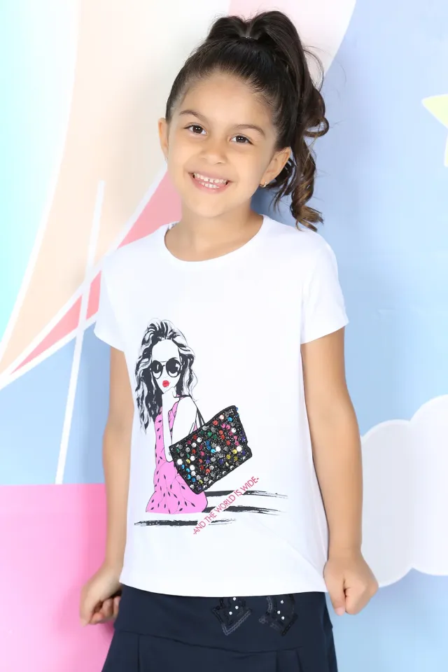 Desenli Kız Çocuk T-shirt Beyaz