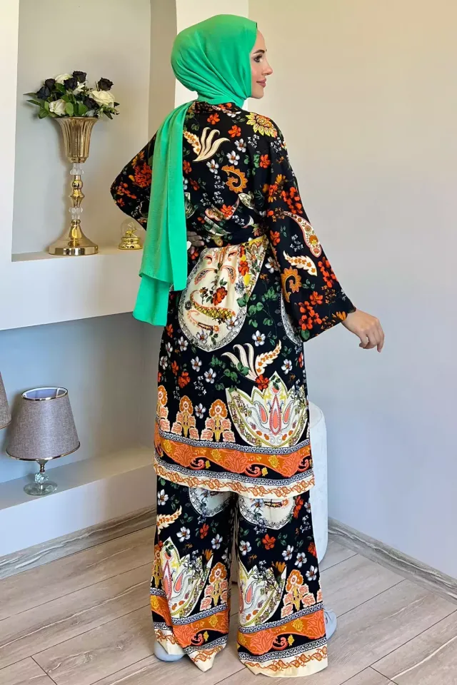 Desenli Tesettür Viskon Kimono İkili Takım Siyah