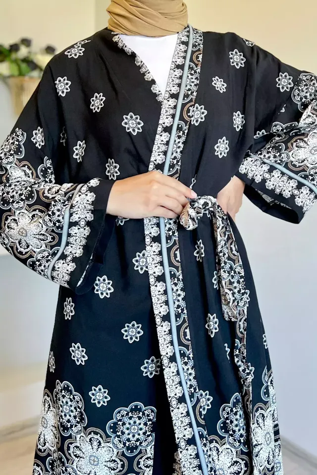 Desenli Tesettür Viskon Kimono İkili Takım Siyah