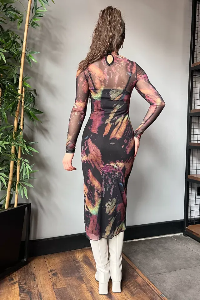Desenli Uzun Kol Tül İç Astarlı Kadın Elbise Haki