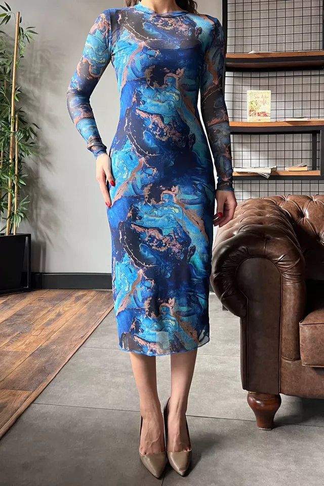 Desenli Uzun Kol Tül İç Astarlı Kadın Elbise Saksmavisi