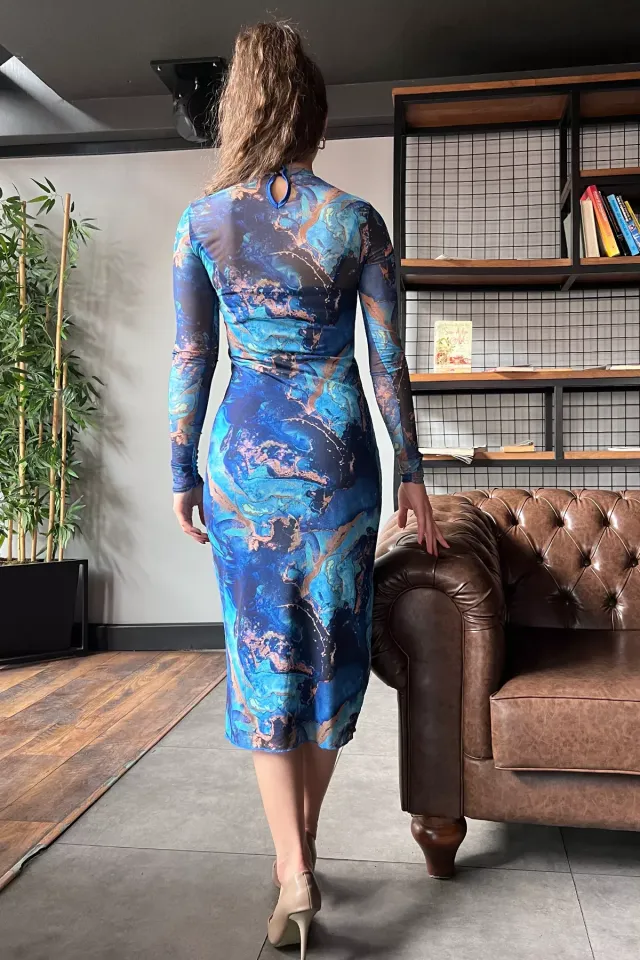 Desenli Uzun Kol Tül İç Astarlı Kadın Elbise Saksmavisi