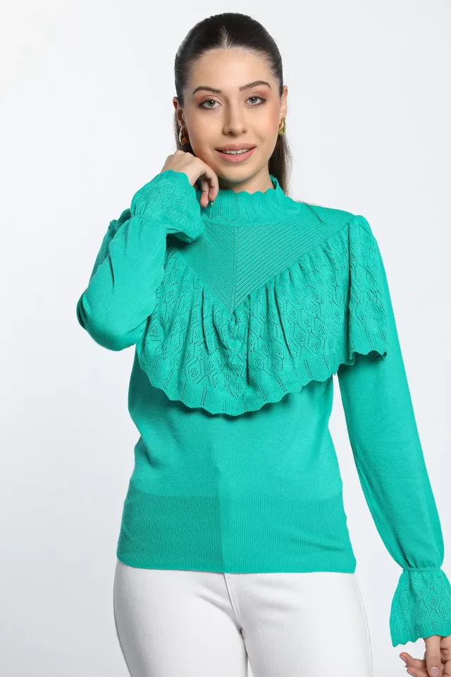 Dik Yaka Ön Fırfır Detaylı Kadın Triko Bluz Mint
