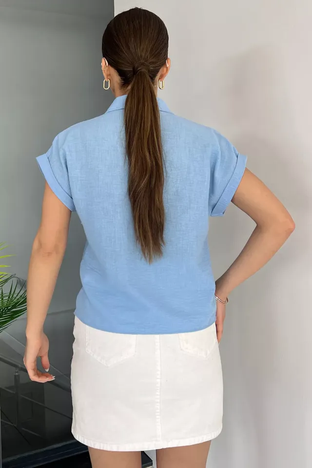 Duble Kol Ön Boncuk İşlemeli Kadın Keten Gömlek Mavi
