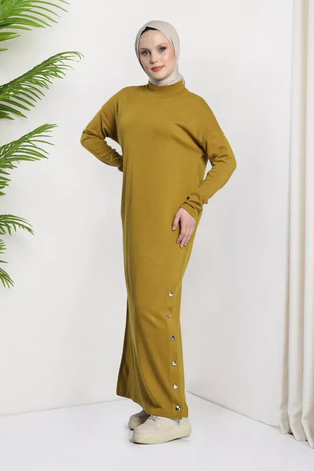Düğme Detaylı Kadın Tesettür Triko Elbise Yağyeşili