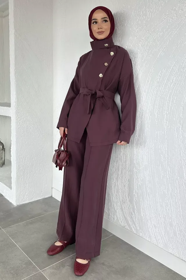 Düğme Detaylı Kuşaklı Tunik Pantolon Tesettür İkili Takım Bordo