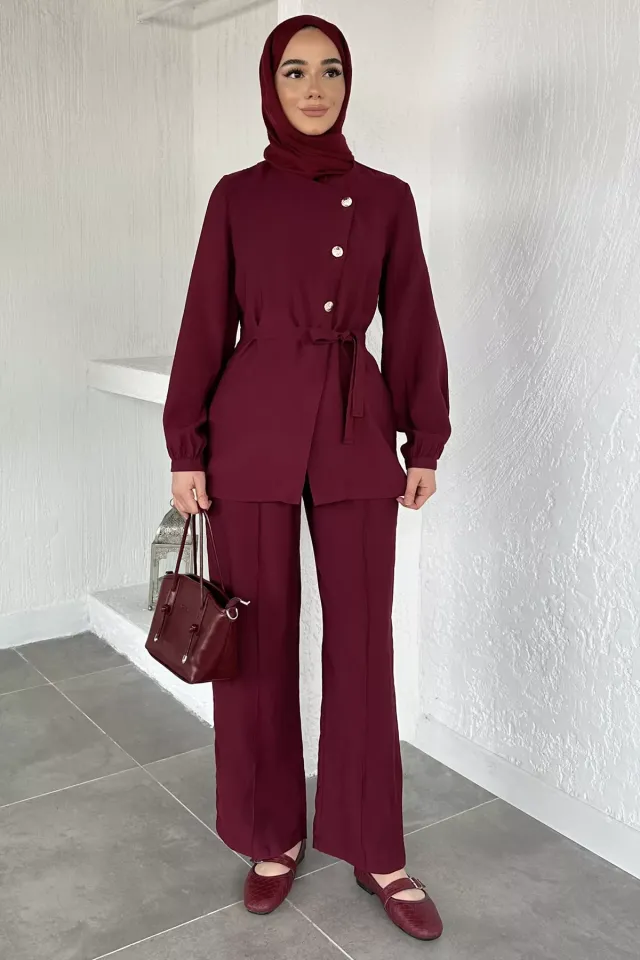 Düğmeli Bluz Pantolon Tesettür İkili Takım Bordo