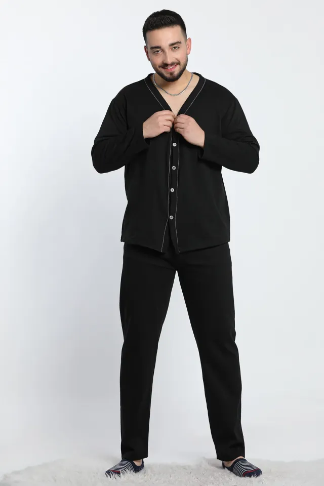 Düz Renk Ön Düğmeli Erkek Pijama Takımı Siyah