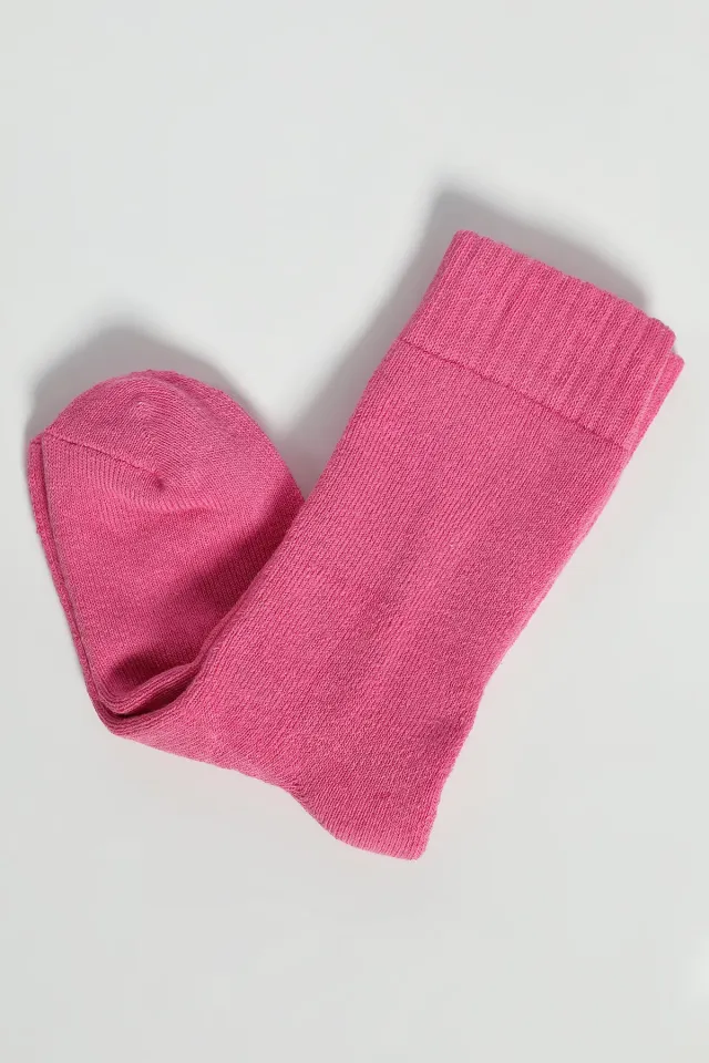Düz Renkli Kadın Termal Kışlık Havlu Çorap Fuşya