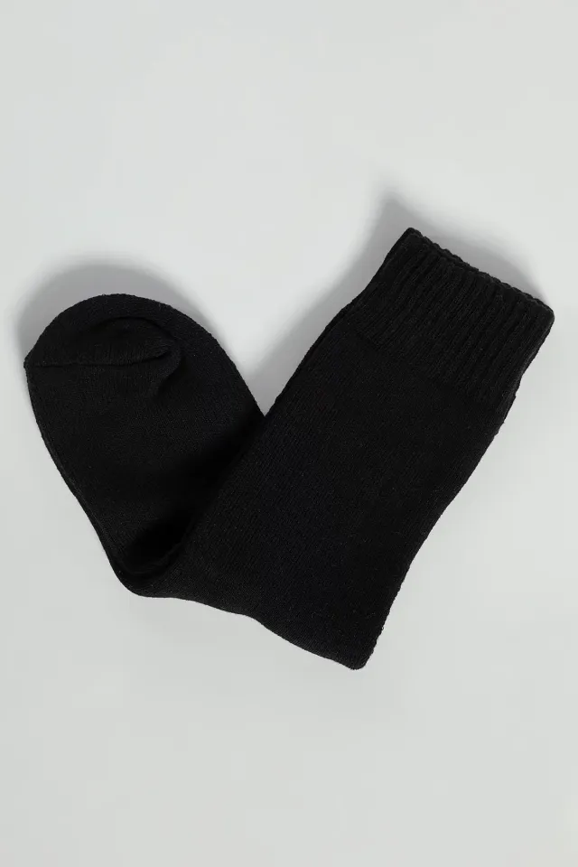 Düz Renkli Kadın Termal Kışlık Havlu Çorap Siyah