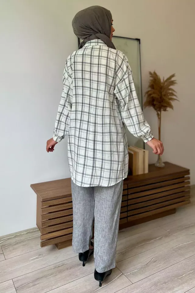 Ekose Desenli Fırfırlı Tunik Pantolon Tesettür İkili Takım Gri