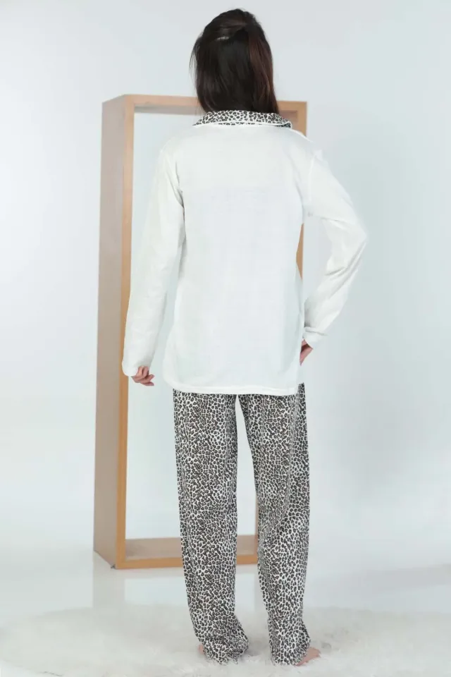Kadın Leopar Desenli Ribanalı Pijama Takımı Ekru