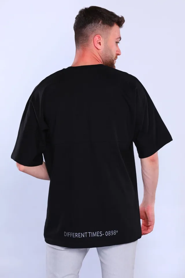 Erkek Bisiklet Yaka Baskılı Oversize T-shirt Siyah