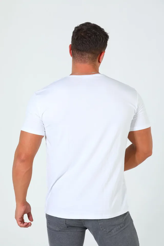 Erkek Bisiklet Yaka Baskılı T-shirt Beyaz