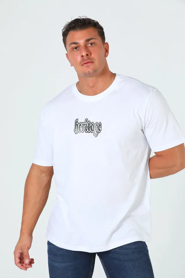 Erkek Bisiklet Yaka Baskılı T-shirt Beyaz