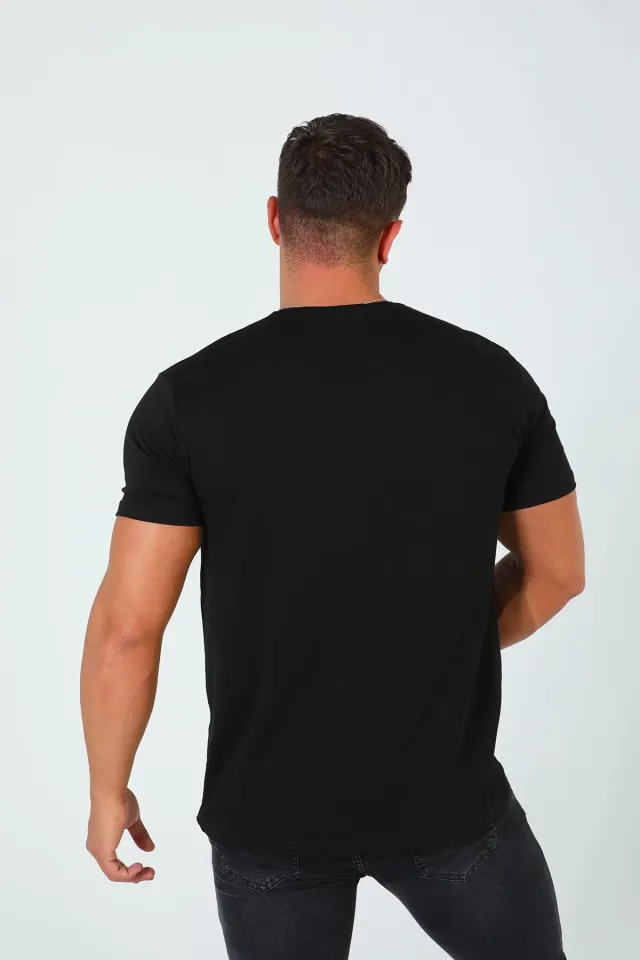 Erkek Bisiklet Yaka Baskılı T-shirt Siyah