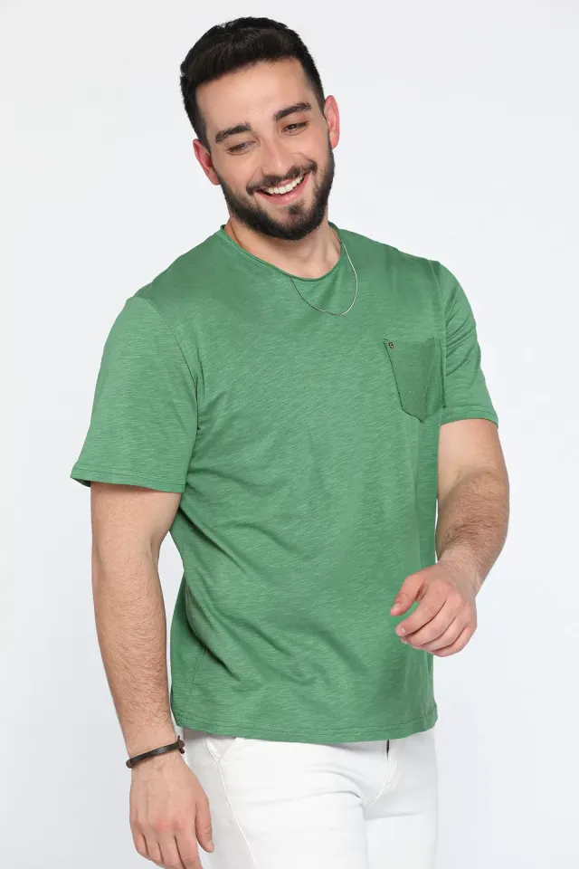 Erkek Bisiklet Yaka Cepli Likralı Salaş T-shirt Yeşil