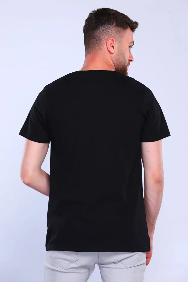 Erkek Bisiklet Yaka Kendinden Desenli Likralı T-shirt Siyah