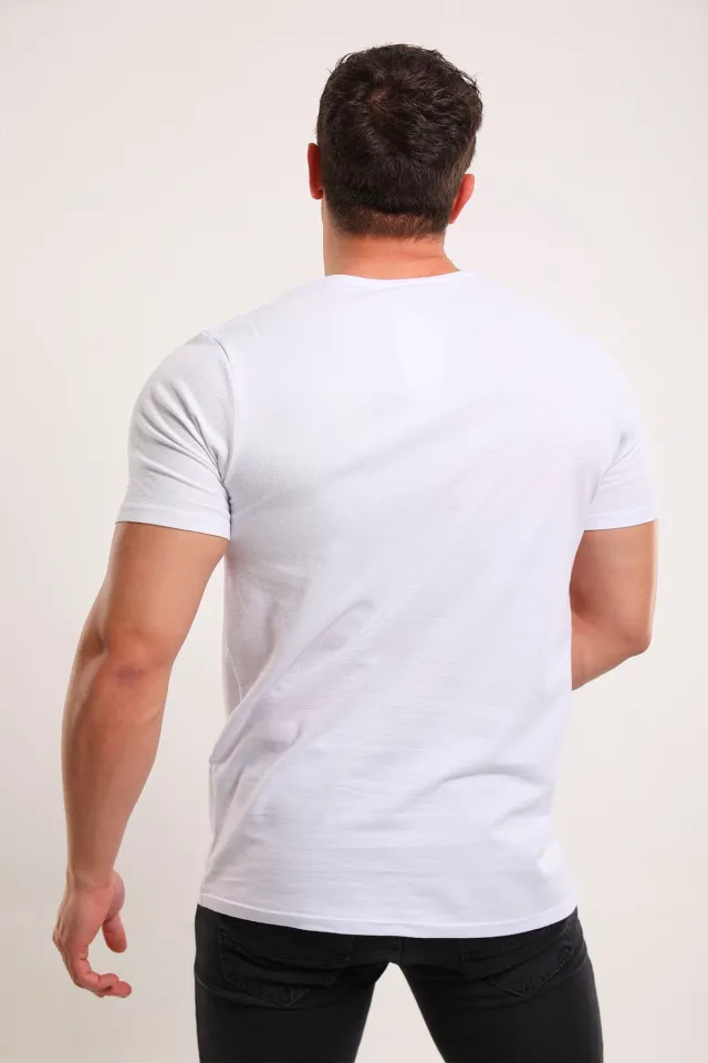 Erkek Bisiklet Yaka Kendinden Desenli Likralı T-shirt Beyaz