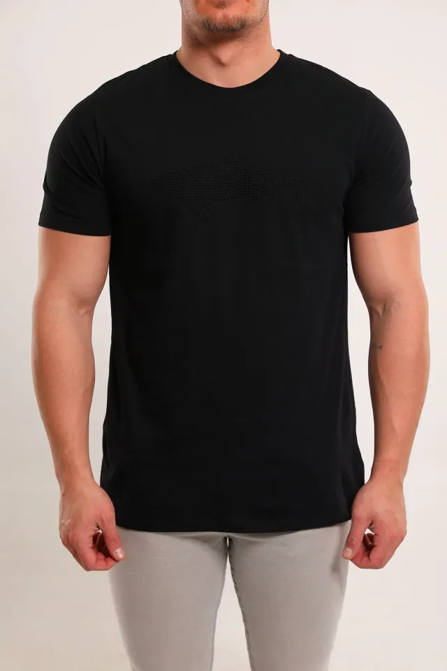 Erkek Bisiklet Yaka Ön Kabartmalı Likralı T-shirt Siyah