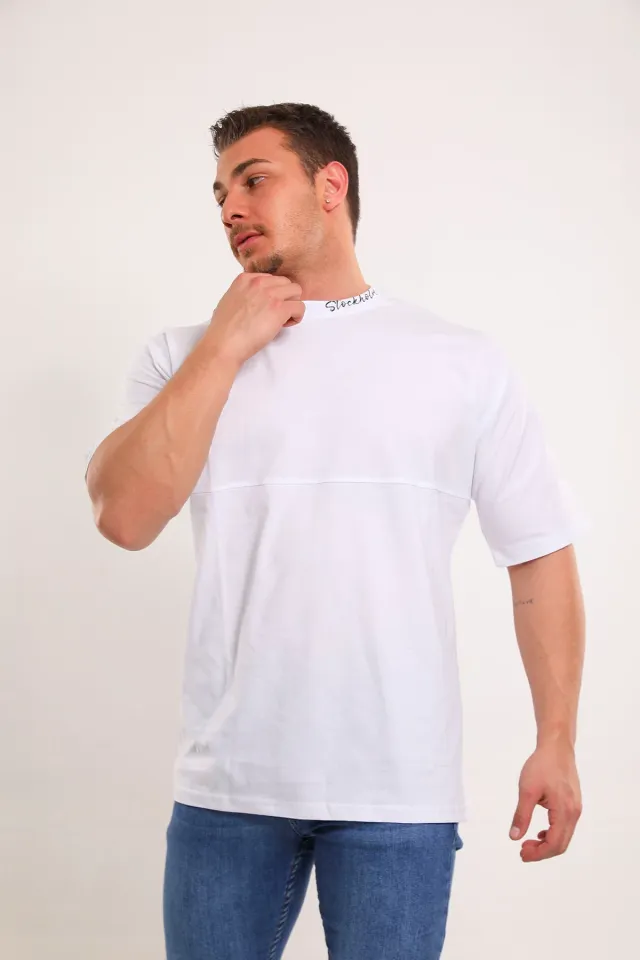 Erkek Bisiklet Yaka Sırt Baskılı Oversize T-shirt Beyaz