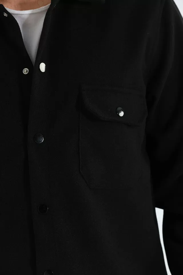 Erkek Çift Cepli Çıtçıtlı Kaşe Gömlek Ceket Siyah