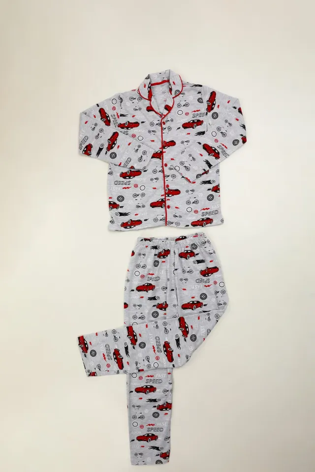 Erkek Çocuk Baskılı Düğmeli Pijama Takımı Gri