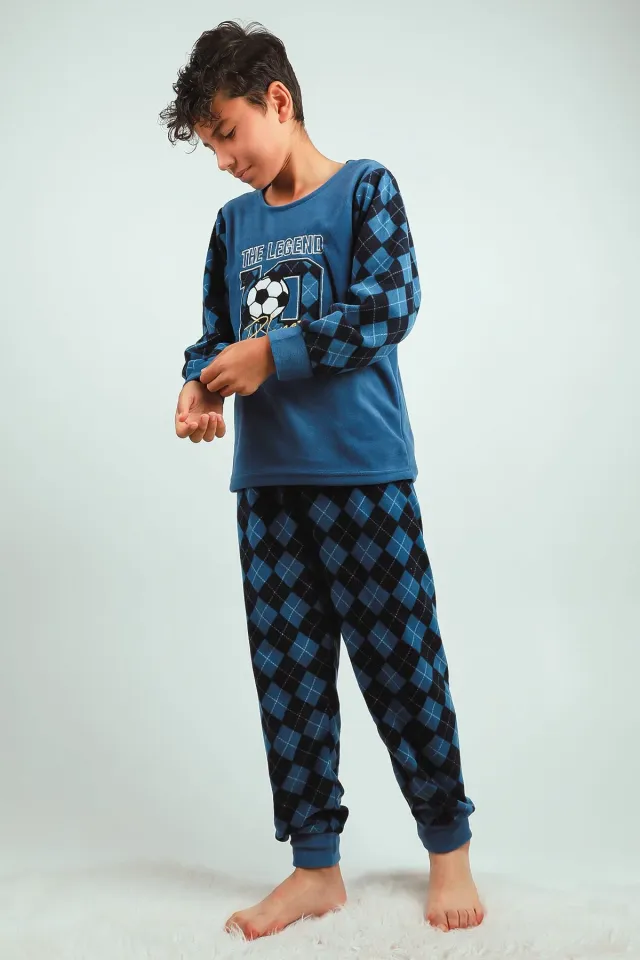 Erkek Çocuk Baskılı Polar Pijama Takımı İndigo