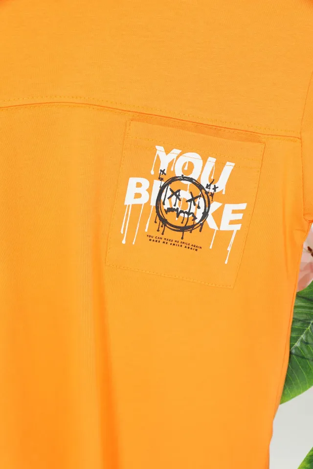 Erkek Çocuk Bisiklet Yaka Cep Detaylı Ön Ve Arka Yüzü Baskılı T-shirt Orange