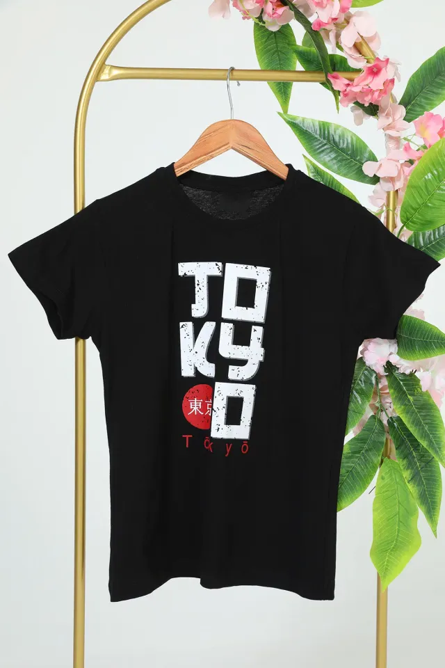 Erkek Çocuk Bisiklet Yaka Tokyo Baskılı T-shirt Siyah