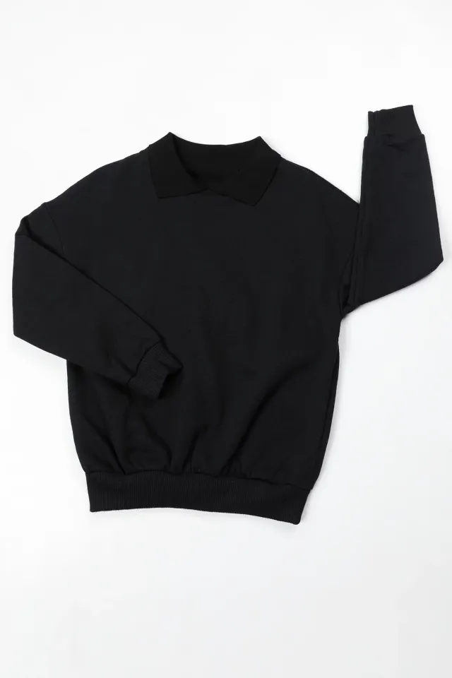 Erkek Çocuk Gömlek Yaka Şardonlu Basic Sweatshirt Siyah