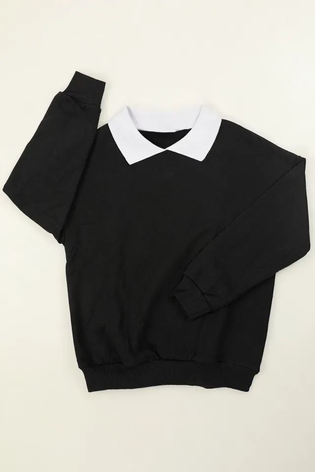 Erkek Çocuk Gömlek Yaka Şardonlu Basic Sweatshirt Siyahbeyaz