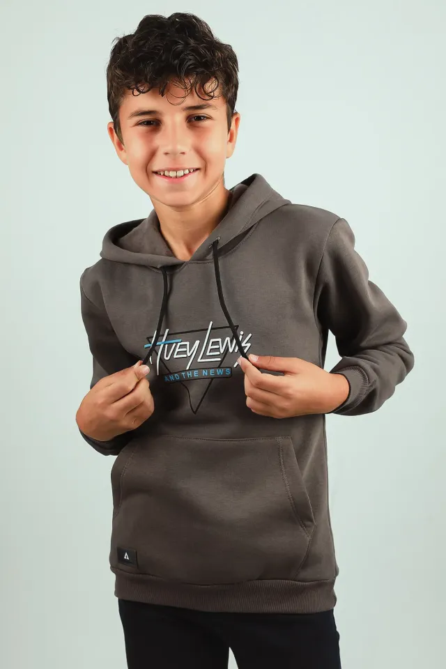 Erkek Çocuk Kapişonlu Baskılı Üç İplik Şardonlu Sweatshirt Füme