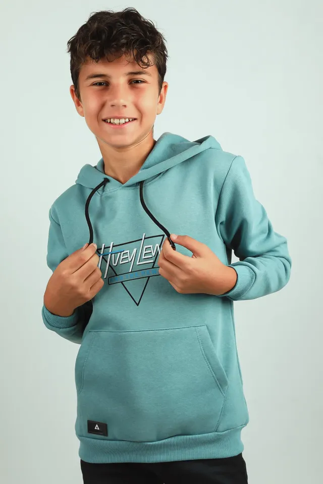 Erkek Çocuk Kapişonlu Baskılı Üç İplik Şardonlu Sweatshirt Mint