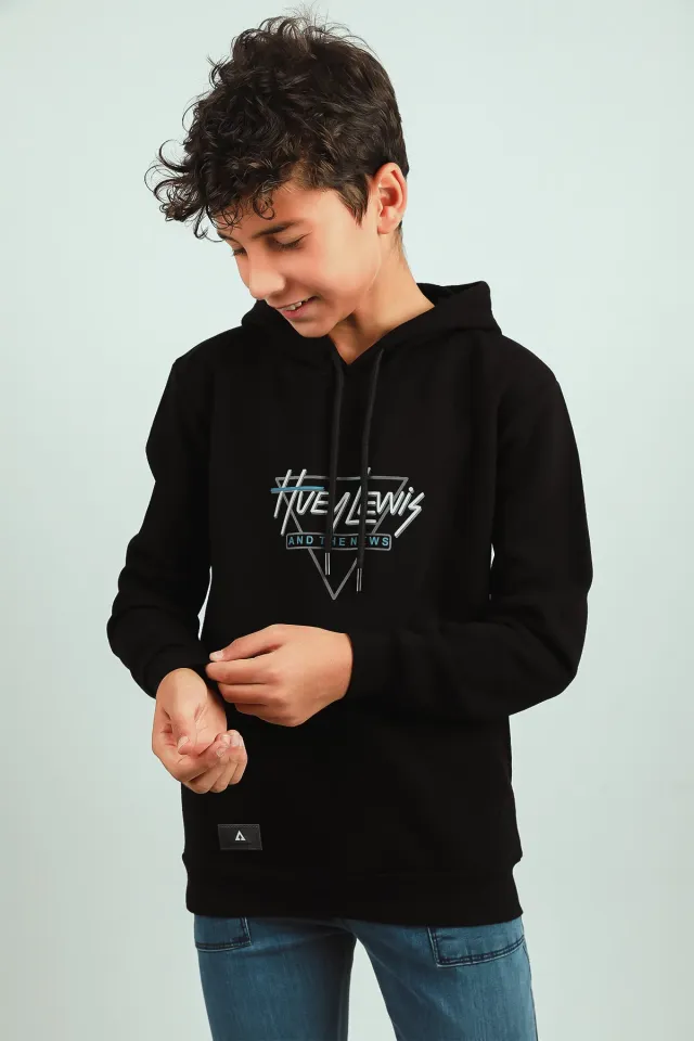 Erkek Çocuk Kapişonlu Baskılı Üç İplik Şardonlu Sweatshirt Siyah