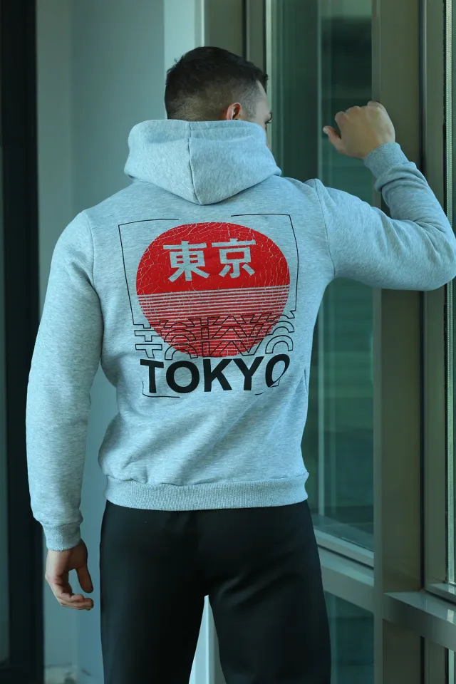 Erkek Kapüşonlu Arka Tokyo Yazı Baskılı Sweatshirt Gri