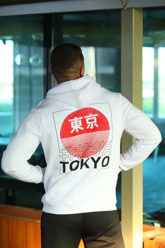 Erkek Kapüşonlu Arka Tokyo Yazı Baskılı Sweatshirt Beyaz