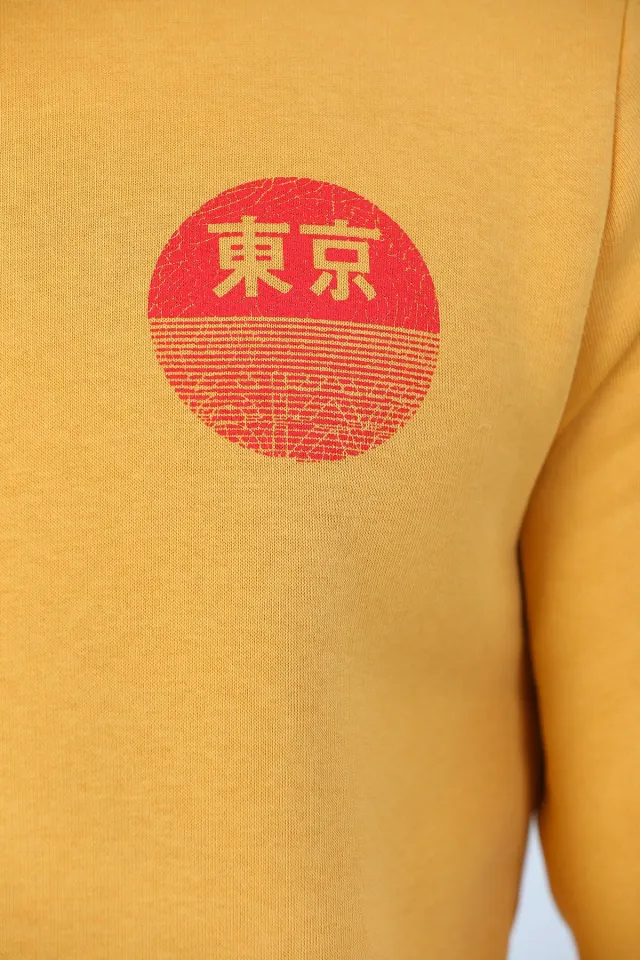 Erkek Kapüşonlu Arka Tokyo Yazı Baskılı Sweatshirt Hardal